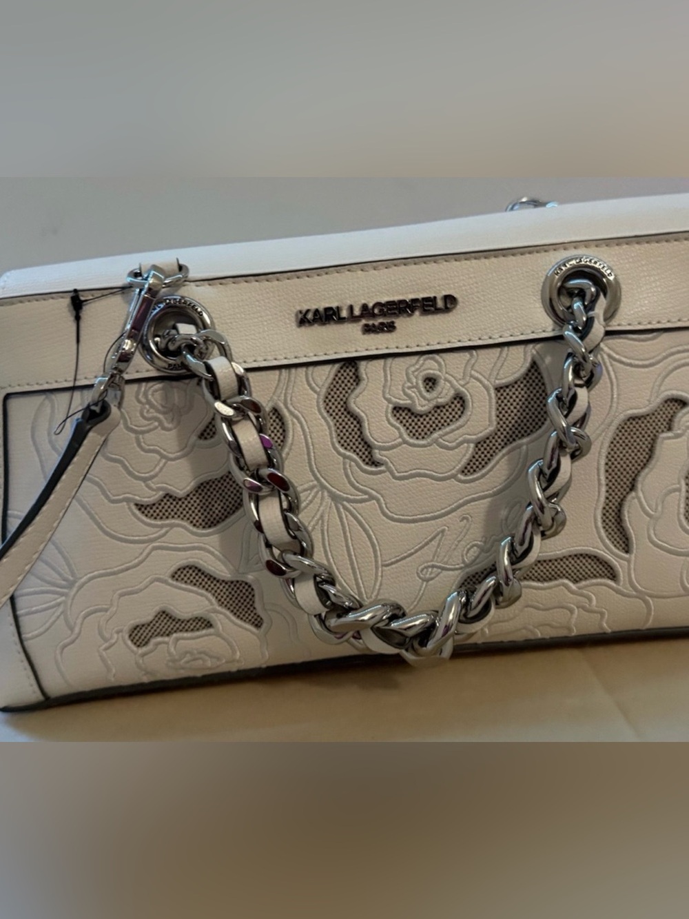 Karl Lagerfeld Cream White Floral Appliqué Heavy Chain Handles Shoulder Bag NWT - Picture 5 of 10